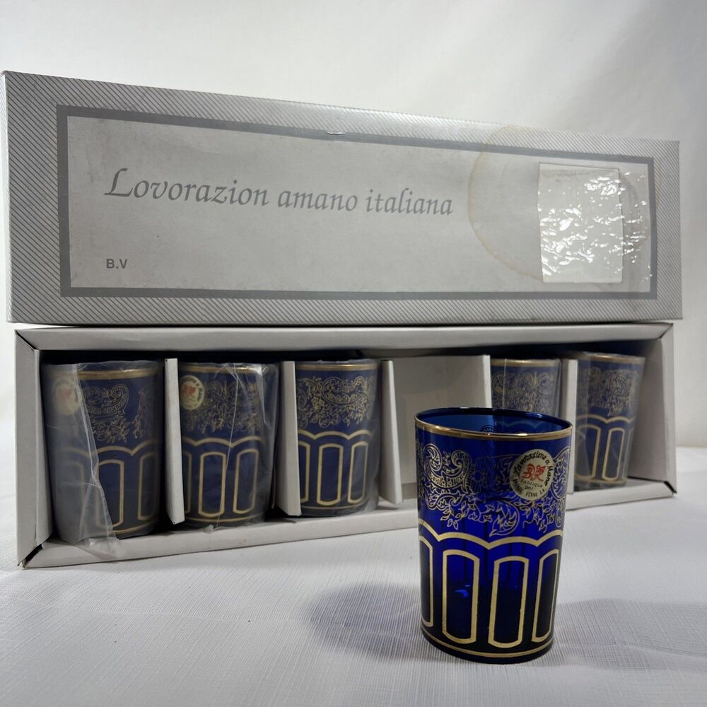 Vintage - 6 Cobalt Blue Moroccan Tea Glass Set • Gold Filigree - NEW